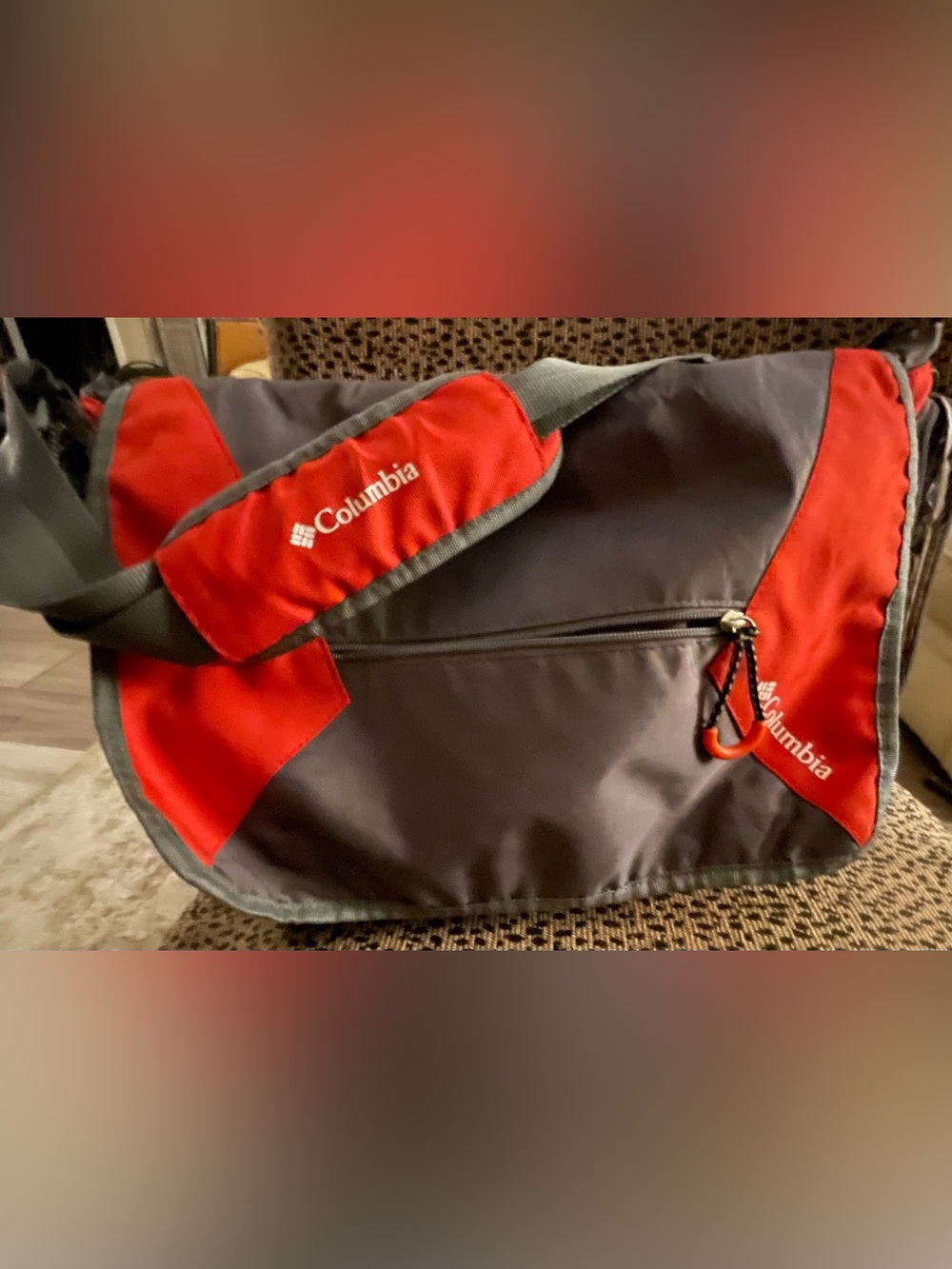 Columbia Red and Gray Messenger Sling Diaper Bag, lots of pockets